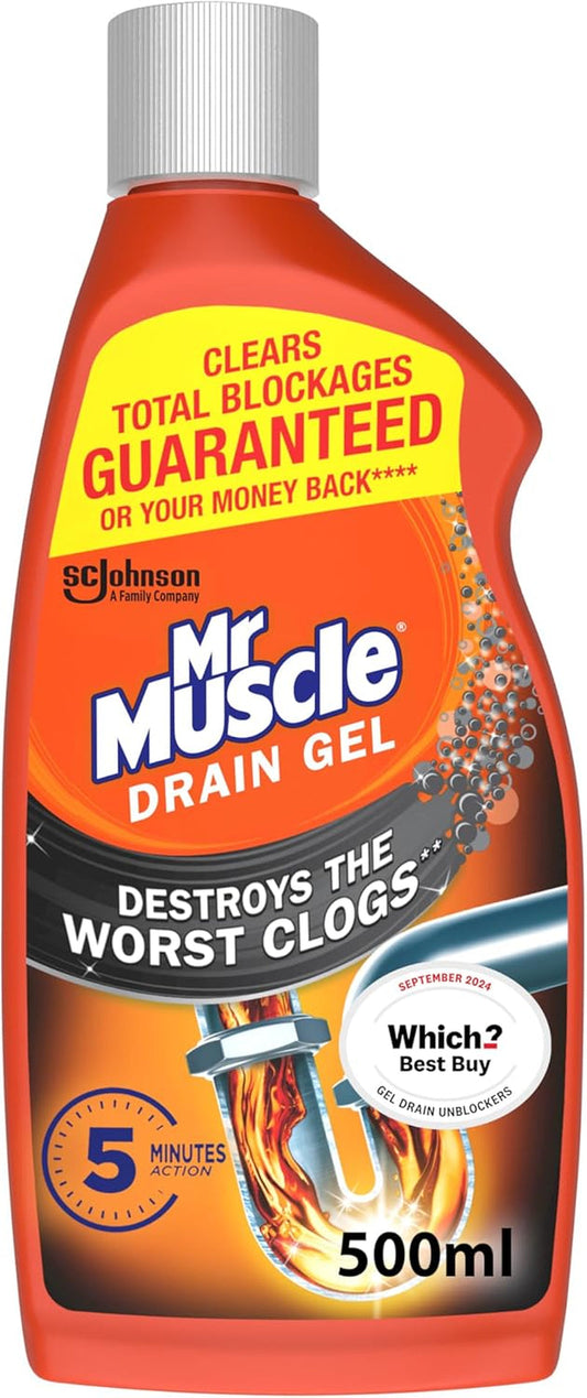 Mr Muscle Drain Unblocker, Sink & Drain Cleaner, Fast Acting Heavy Duty Gel Formula, Dissolves Clogs, Works 3X Better than Bleach, Safe for All Pipes, 500Ml