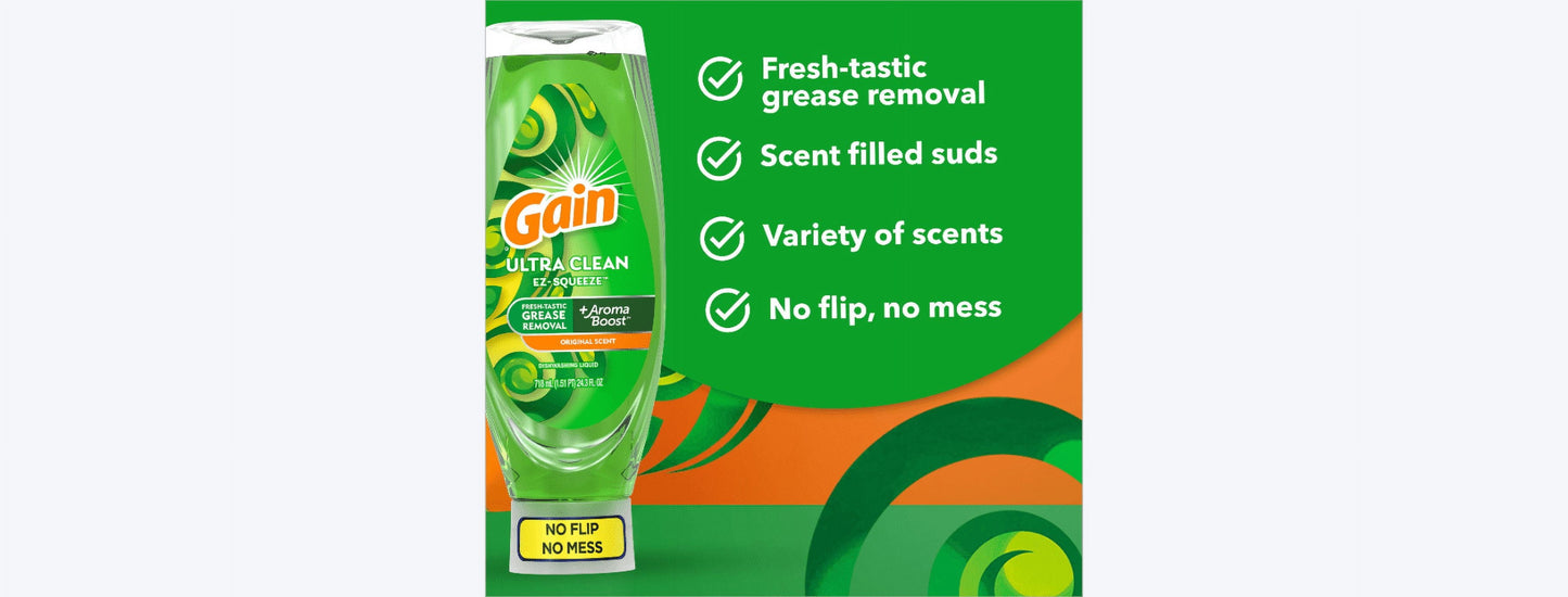 Gain Ez-Squeeze Dishwashing Liquid Dish Soap, Original Scent, 14.70 Fl Oz