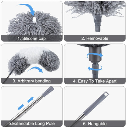 Treamon Microfiber Duster for Cleaning High Ceilings, Washable Reusable Dusters with Extension Pole (30" to 100"), 12 Pcs, Gray