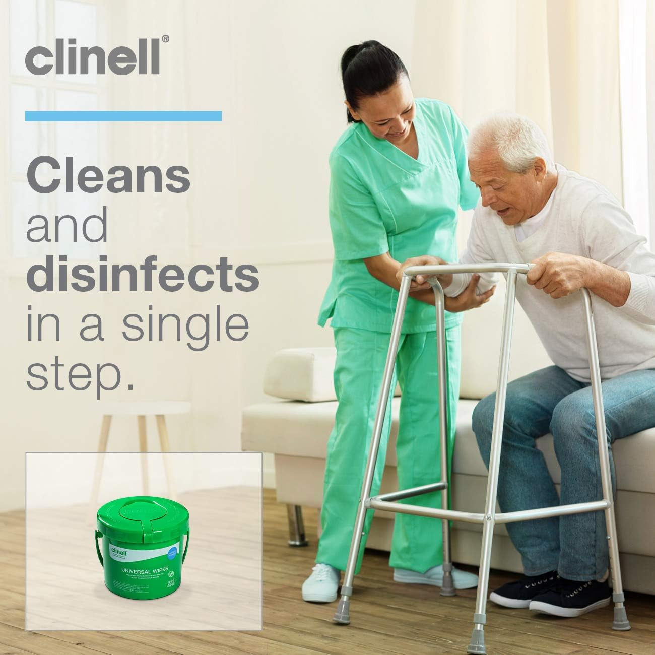 Clinell Universal Cleaning and Disinfectant Wipes Bucket - Pack of 225 - Multi Purpose Wipes, Kills 99.99% of Germs, Effective from 30 Seconds