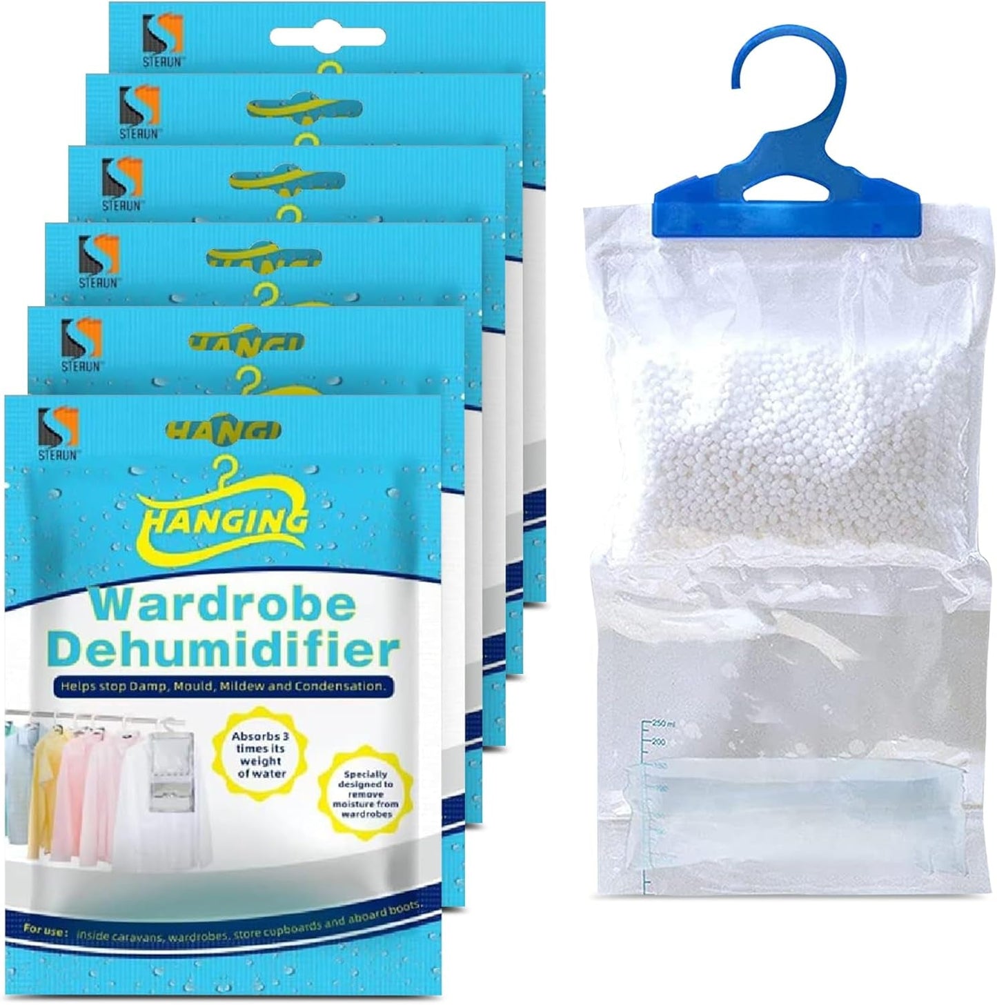 STERUN 12 Wardrobe Dehumidifier Hanging Bags with Leak Proof Storage Bag & Hanging Hook Ideal to Stop Mould, Mildew & Condensation for Wardrobe | Hanging Dehumidifier Bags | Damp Remover (Pack of 12)