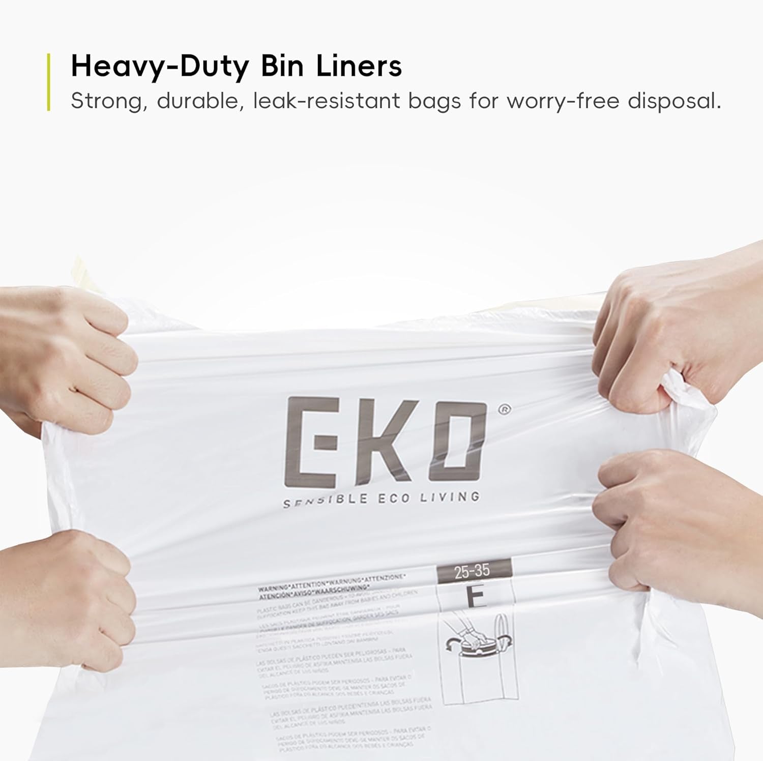 EKO Size E Bin Liners for Kitchen Bins - 25 - 35 Litre Capacity - Extra Strong Bags with Drawstring Tie Handles - 12 Bags, White