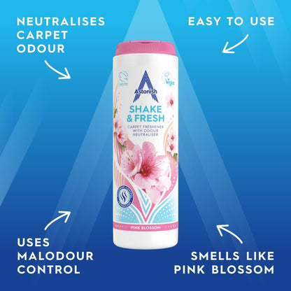 Astonish Shake & Fresh Carpet Freshener, Eliminates Odours, Pink Blossom, 350G