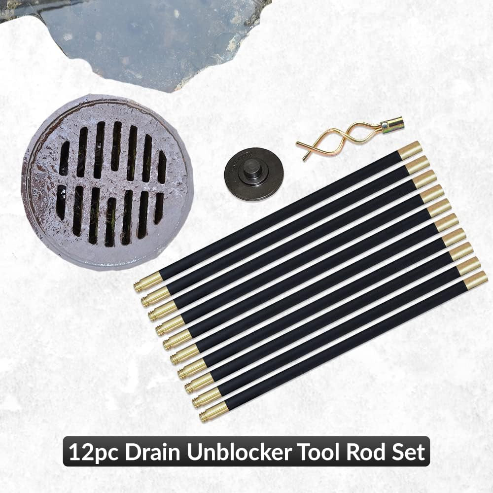 1ABOVE 12Pc Drain Rod Set | Drain Unblocker Tool Set with 10Xrods, 1Xplunger and 1Xworm | Suitable for Most Domestic Drainage Pipes Rods Can Reach up to 9 Metres in Length