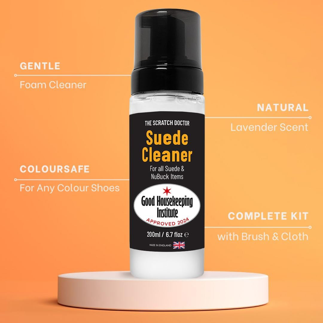 The Leather Clinic Suede & Nubuck Cleaner Foam 200Ml for Shoes, Boots, Sandals, Trainers | Clean & Protect Dirt & Stains | Includes 3 Sided Suede Brush & Cleaning Cloth