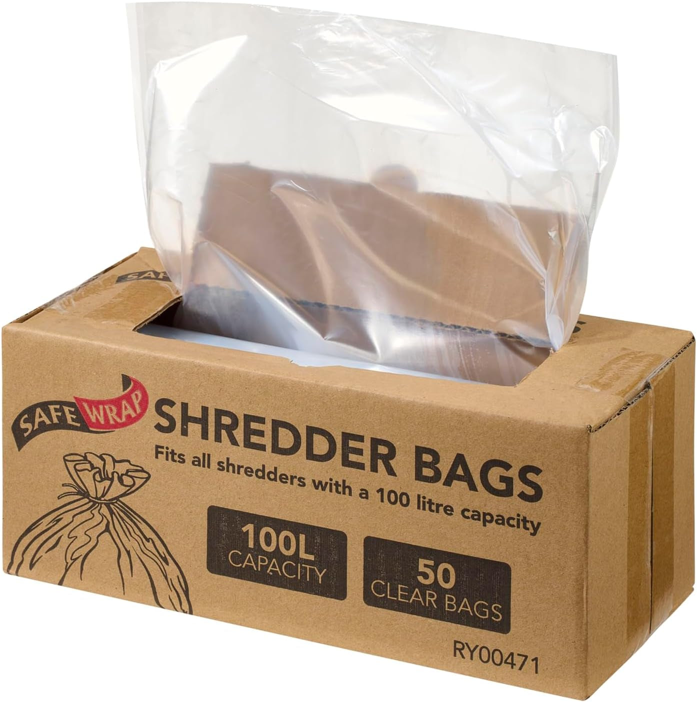 Safe Wrap Shredder Bags, 100L Capacity | Pack of 50 | Durable, High-Density Polythene | Handy Dispenser Box, 100L