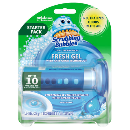 Scrubbing Bubbles Fresh Gel Toilet Bowl Cleaning Stamp, Rainshower, Dispenser with 6 Gel Stamps, 1.34 Oz