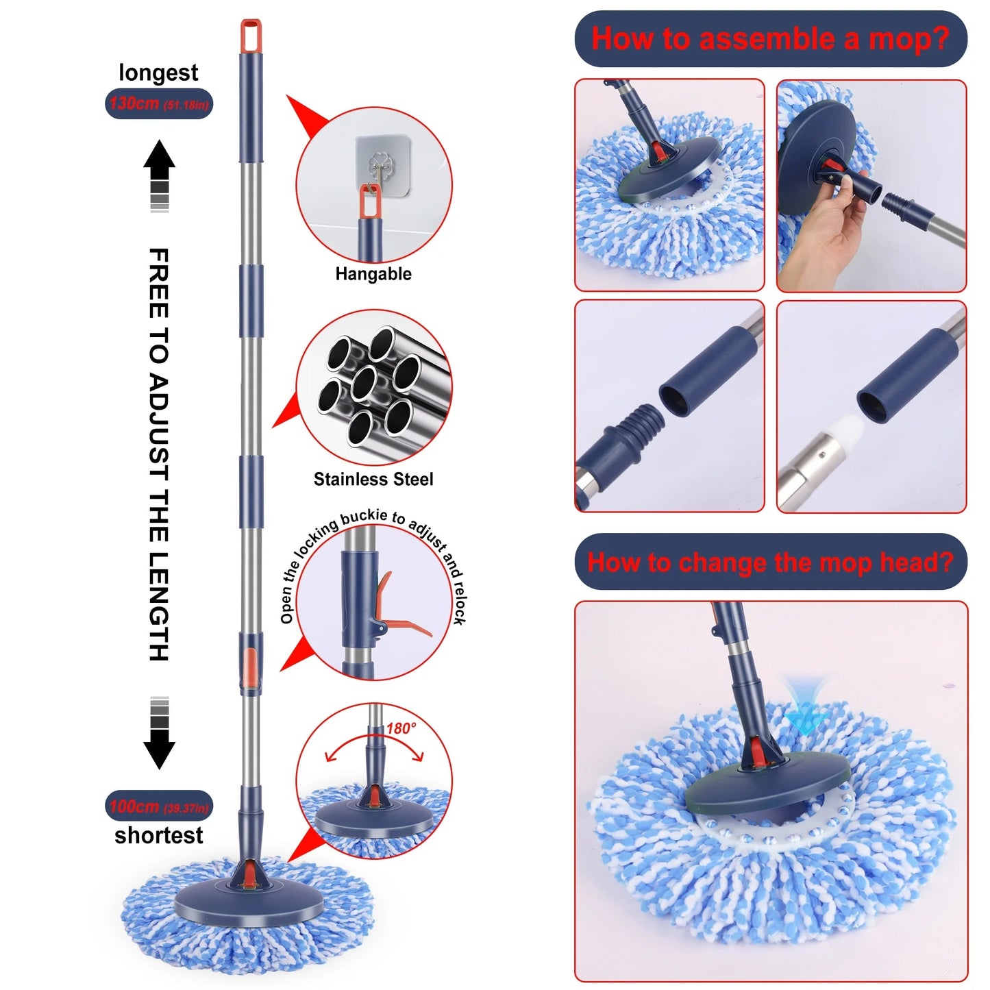 MYSPRI Spin Mop and Bucket System with Wringer Set for Floor, Separate Clean and Dirty Water, 3 Microfiber Mop Pads