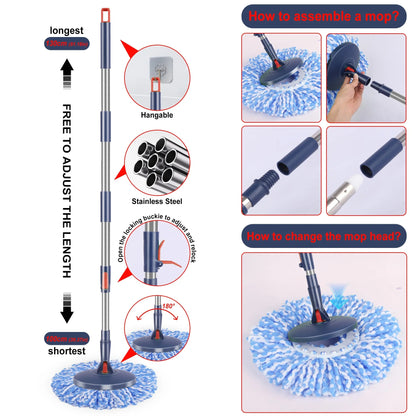 MYSPRI Spin Mop and Bucket System with Wringer Set for Floor, Separate Clean and Dirty Water, 3 Microfiber Mop Pads