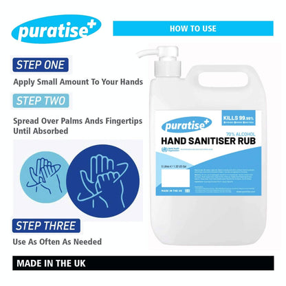 Hand Sanitiser PURATISE 1L Hand Sanitiser Alcohol Liquid RUB with Pump - 70% Hand Sanitizer Kills 99.99% of Germs & Bacteria - X1 MADE in the UK