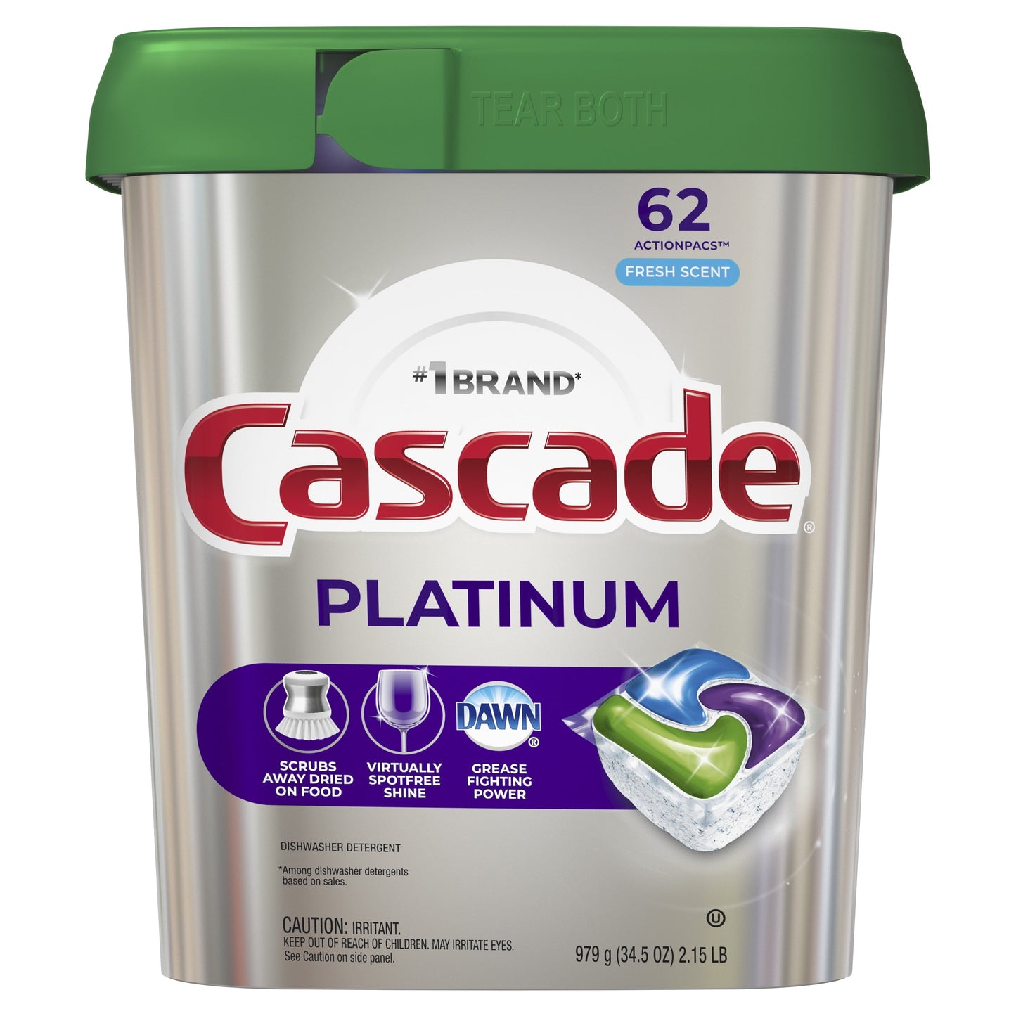 Cascade Platinum Dishwasher Pods, Action Pacs Dishwasher Detergent, Dishwasher Tabs, Fresh, 62 Count