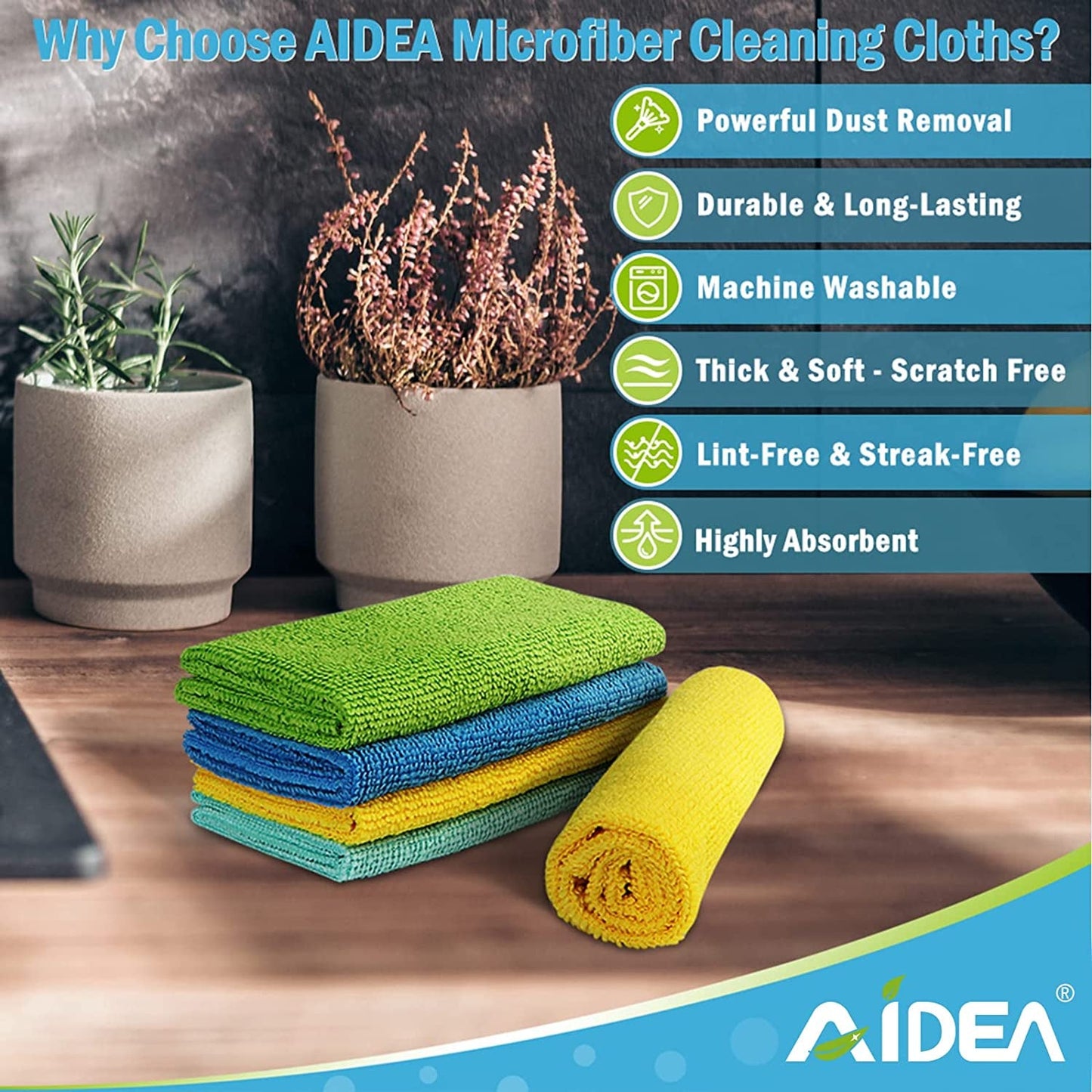 AIDEA Microfibre Cloth Pack of 8, Multifunctional Reusable Cleaning Cloths, Lint Free Streak Free Washable Cloth Duster for House, Kitchen, Car, Motorbike, Windows 30 X 30 Cm