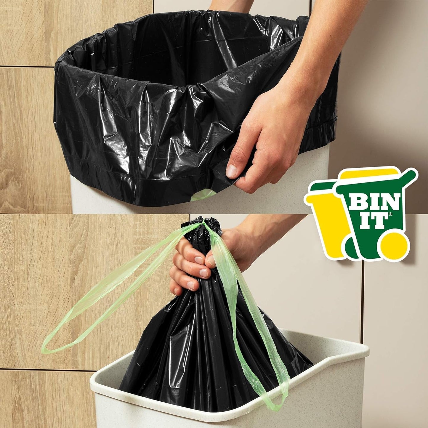 BIN IT 40 Drawstring, Everyday Refuse Sacks, Bin Bags, Bin Liners, 70 Litre, Recycled, Strong, Tear Resistant, 30 Μm, Perfect for Everyday Use, Household, Office, Kitchen & Caterers