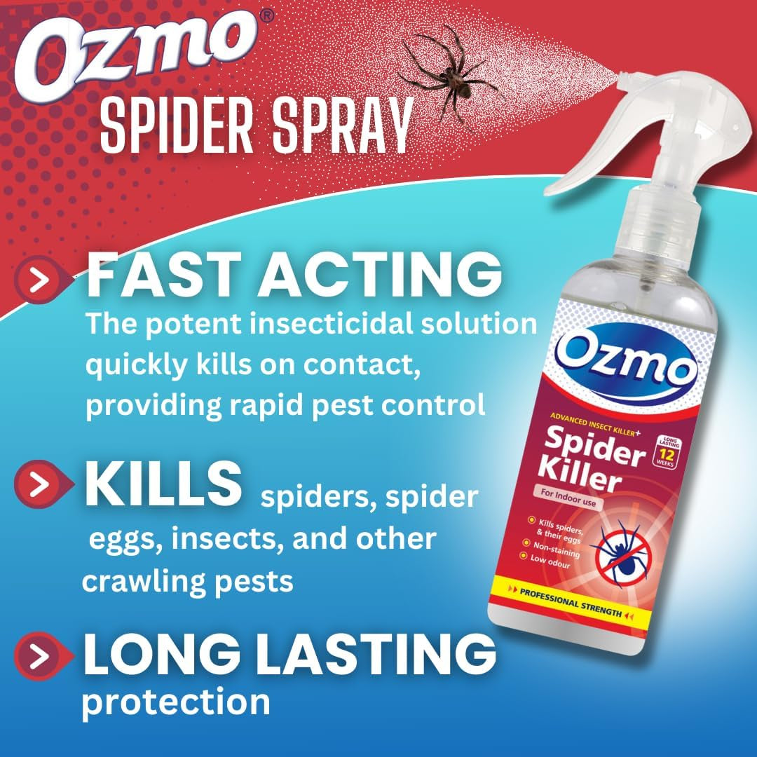 Ozmo Spider Killer Spray, 250Ml, Use on Hard Non-Porous Surfaces, Hard and Soft Furnishings, Carpets and Fabrics