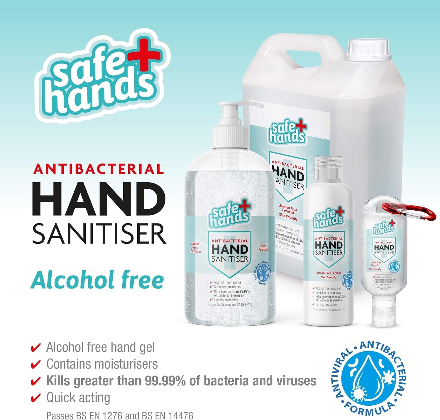 Safe Hands Hand Sanitiser Gel | Alcohol Free | 5 Litre (2 Pack) with 2 Manual Dispenser Pumps | Antibacterial & Antiviral Non Alcohol Hand Sanitizer | Contains Moisturisers