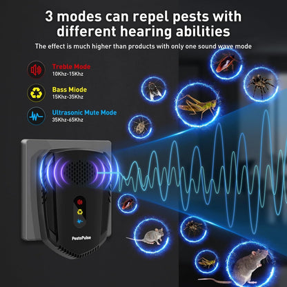 Pestopulse 2025 Ultrasonic Pest Repeller, 4 PCS Mouse Repellent, 3 Model Repeller Plug in Pest Control, Efficient against Mice Rat Mosquitoes Spider Cockroach Moths Ants Etc Harmless to Pets Human