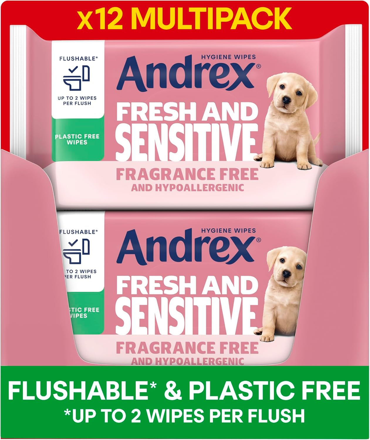 Andrex Fresh and Sensitive Hygiene Wipes, 12 Pack; Flushable Moist Toilet Tissue, Hypoallergenic and Fragrance Free Wet Wipes for Sensitive Skin (Pack of 12), FSC Certified