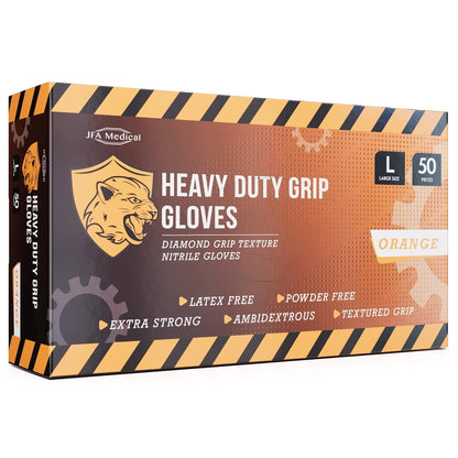 JFA Medical Disposable Heavy Duty Mechanic Powder Free Latex Free Orange Diamond Grip Nitrile Gloves - Box of 50 (Large)