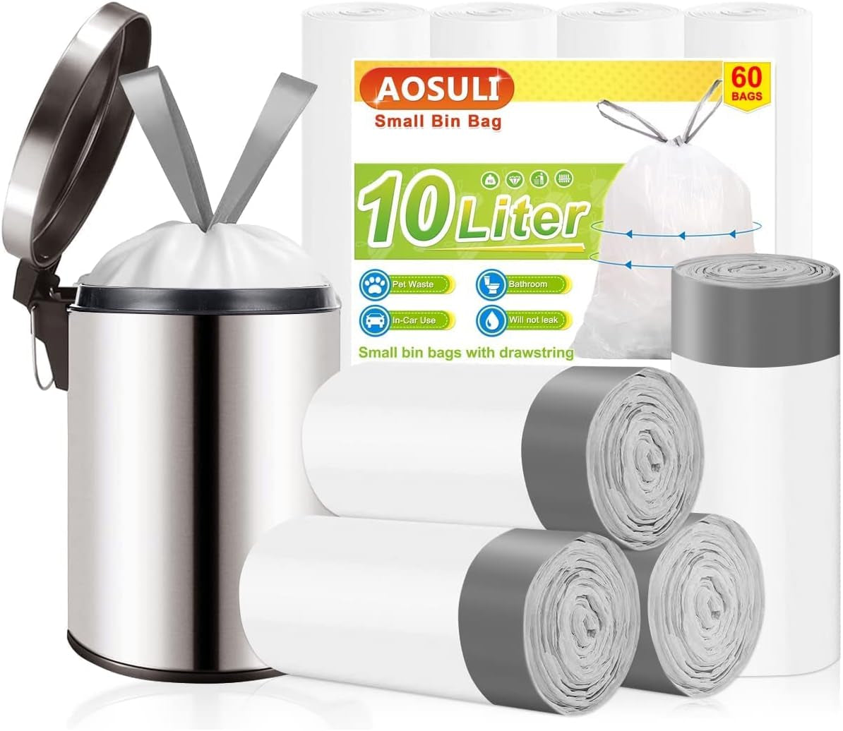 Bin Bags 20L with Drawstring Tie Handle,Aosuli White Bin Liners/Strong Trash Bags