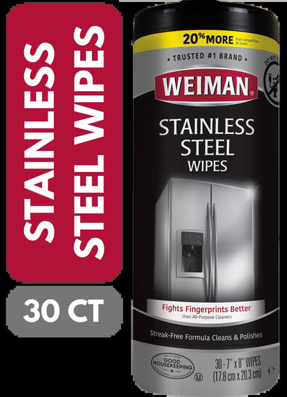 Weiman Stainless Steel Appliance Cleaning Wipes, Streak-Free Shine, 30 Count