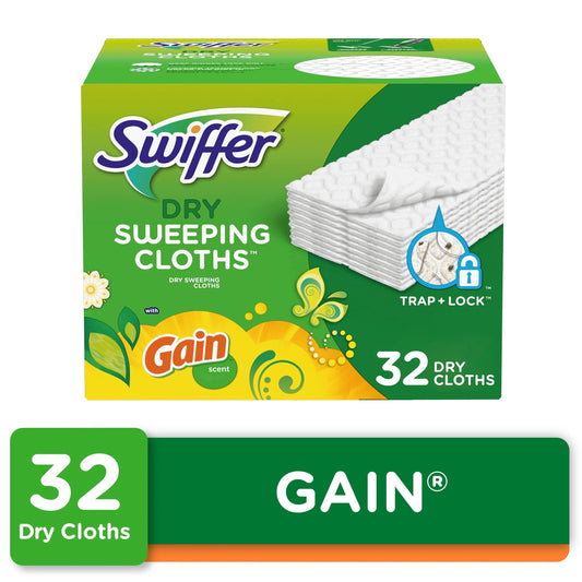 Swiffer Sweep + Mop, Dry Pads Refill, Floor Cleaner, Cleaning Cloths, Gain, 32Ct