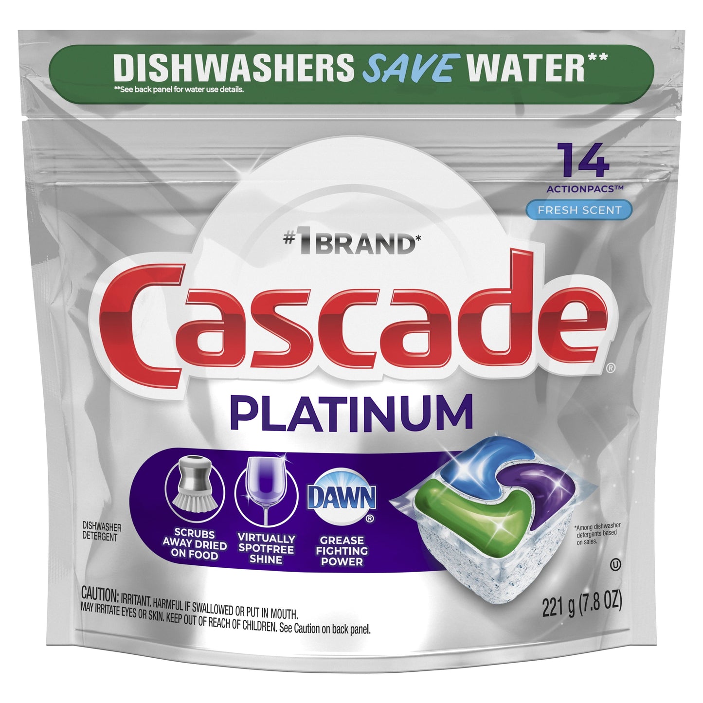 Cascade Platinum Dishwasher Pods, Action Pacs Dishwasher Detergent Tabs, Fresh, 14 Count