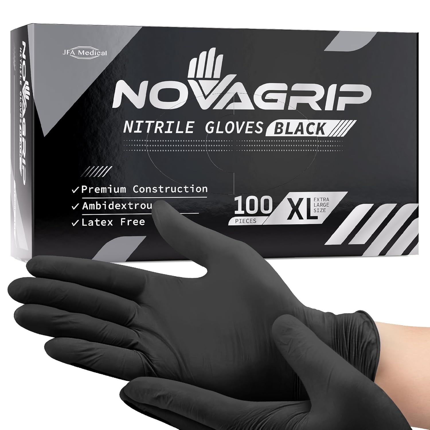 Novagrip JFA Medical Mechanic, Tattooist, Tattoo Disposable Powder Free Latex Free Black Nitrile Gloves - Box of 100 (Extra Large)