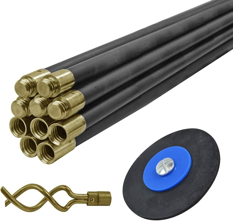 Faithfull FAIDRSET12 Drain Rod Set 9M (30Ft) 10 X Rods, Plunger, Worm. Brass Rod Commectors