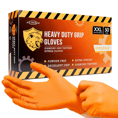 JFA Medical Disposable Heavy Duty Mechanic Powder Free Latex Free Orange Diamond Grip Nitrile Gloves - Box of 50 (Large)