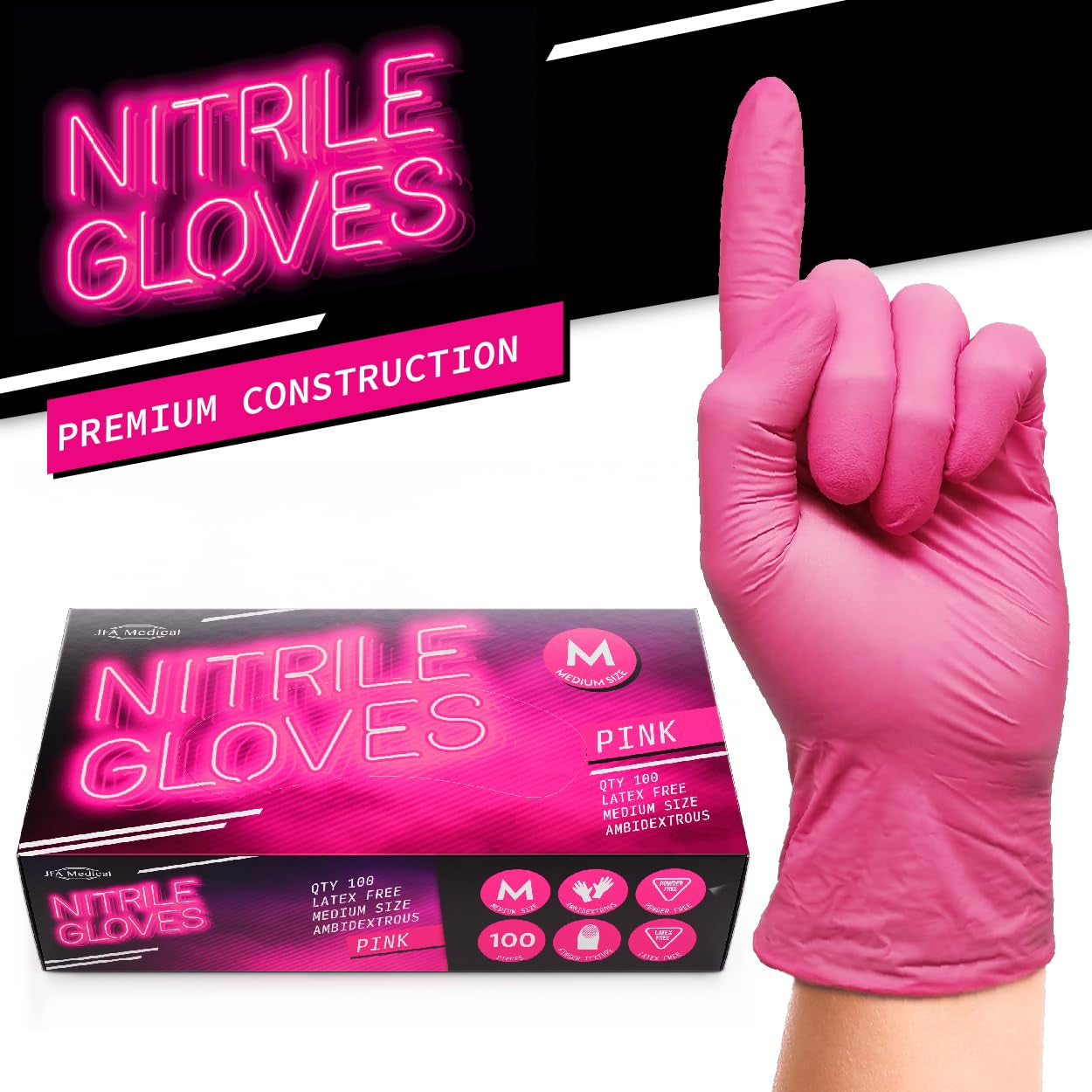 JFA Medical Medium Size Disposable Powder Free Pink Nitrile Gloves - Box of 100