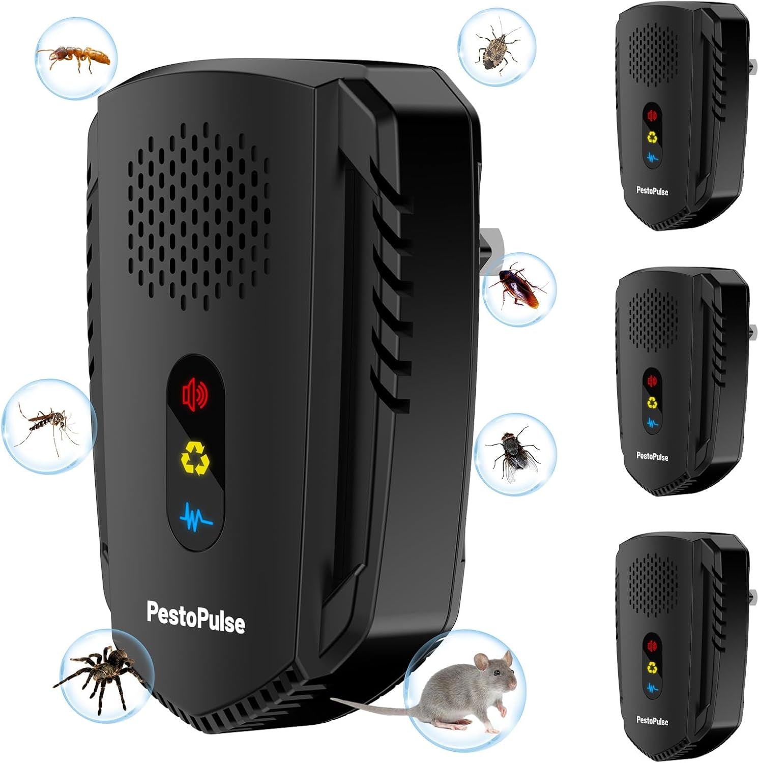 Pestopulse 2025 Ultrasonic Pest Repeller, 4 PCS Mouse Repellent, 3 Model Repeller Plug in Pest Control, Efficient against Mice Rat Mosquitoes Spider Cockroach Moths Ants Etc Harmless to Pets Human