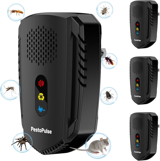 Pestopulse 2025 Ultrasonic Pest Repeller, 4 PCS Mouse Repellent, 3 Model Repeller Plug in Pest Control, Efficient against Mice Rat Mosquitoes Spider Cockroach Moths Ants Etc Harmless to Pets Human