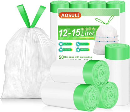 Bin Bags 20L with Drawstring Tie Handle,Aosuli White Bin Liners/Strong Trash Bags