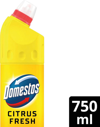 Domestos Citrus Fresh Thick Bleach Disinfectant That Eliminates 99.99% of Bacteria and Viruses* Unstoppable Limescale Prevention 750 Ml