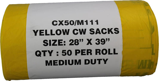 Hanfare CX50/M111 Waste Sack Roll, Medium Duty, 90 L/5 Kg, Yellow (Pack of 50)