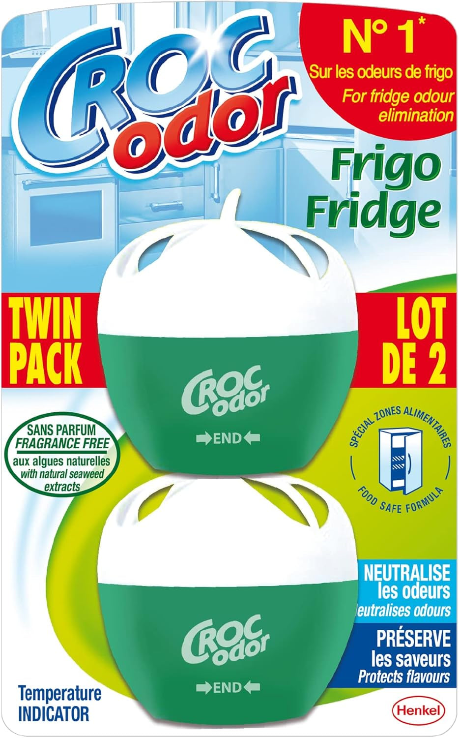 Croc'Odor Fridge Deodoriser, Twin Pack, Unscented, Food Safe Formular with Temperature Indicator - 2 X 33 G, Packaging May Vary