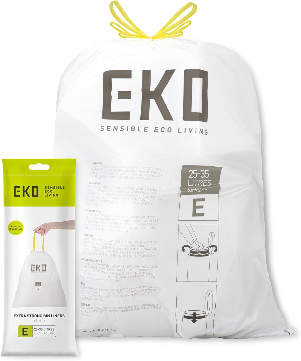 EKO Size E Bin Liners for Kitchen Bins - 25 - 35 Litre Capacity - Extra Strong Bags with Drawstring Tie Handles - 12 Bags, White