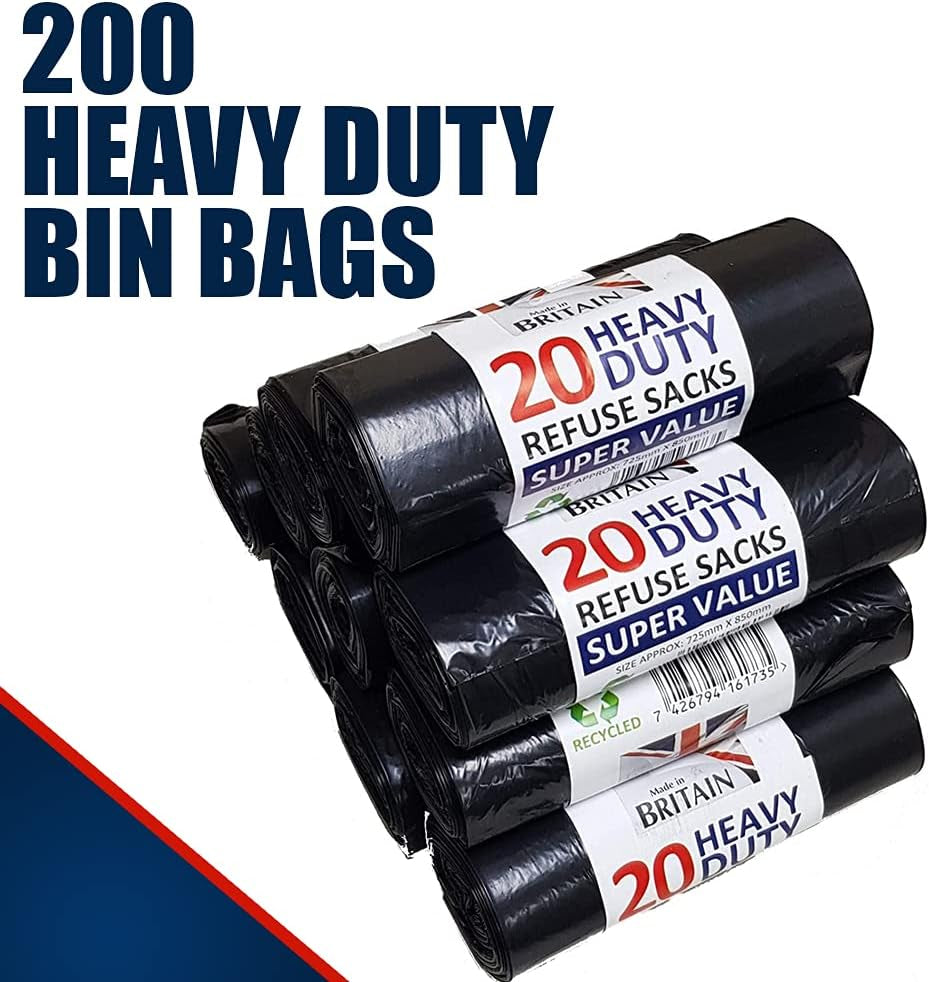 200 Heavy Duty Black Bin Liners Refuse Sacks Bin Bag Rolls - Made in Britain