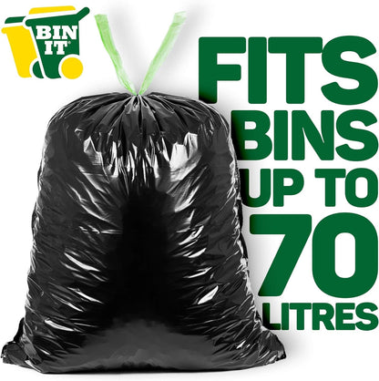 BIN IT 40 Drawstring, Everyday Refuse Sacks, Bin Bags, Bin Liners, 70 Litre, Recycled, Strong, Tear Resistant, 30 Μm, Perfect for Everyday Use, Household, Office, Kitchen & Caterers