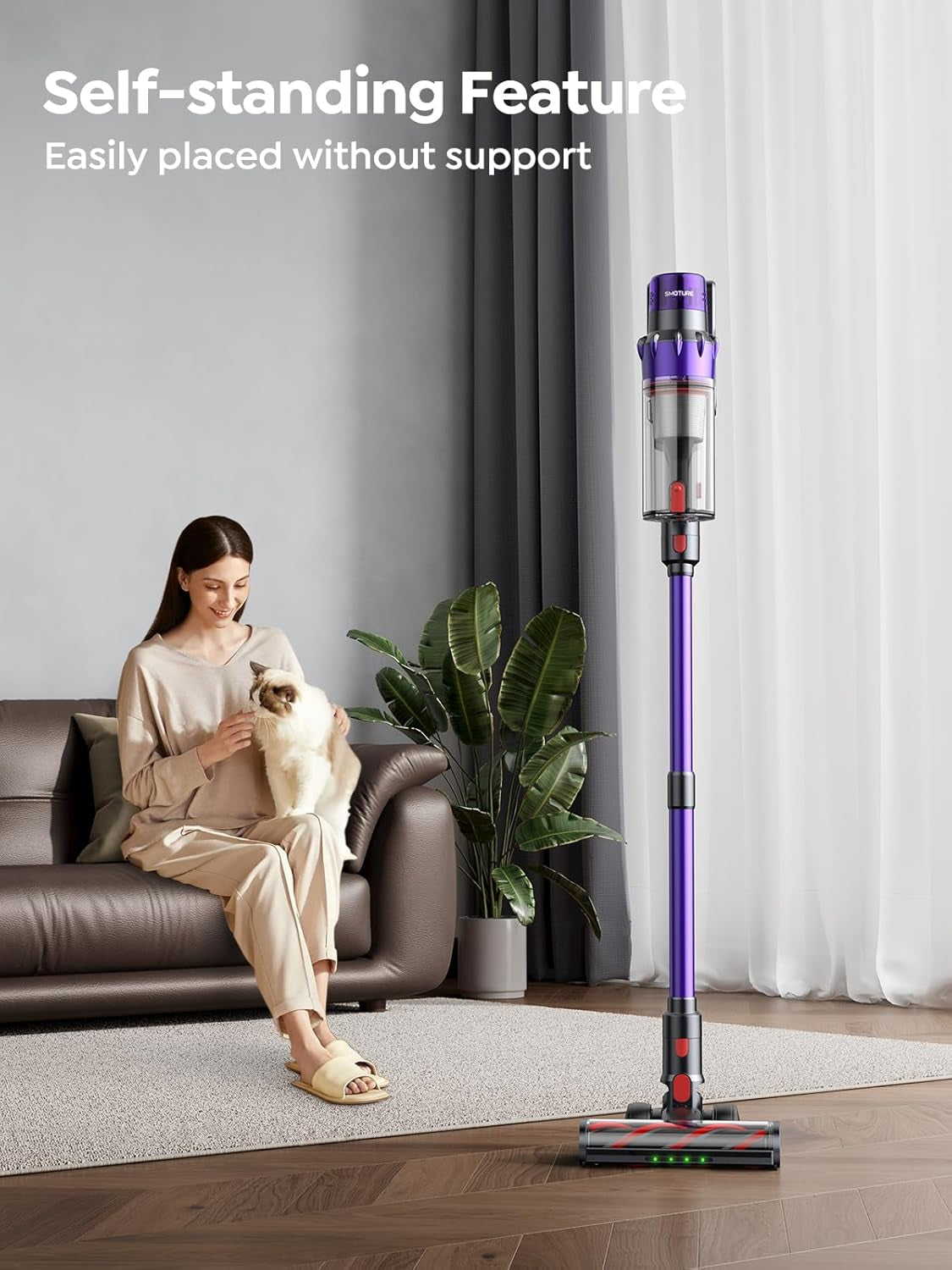 SMOTURE Cordless Vacuum Cleaner, 550W 45KPA Stick Vacuum with Touch Screen, up to 60 Mins Runtime, Self-Standing Vacuum with Auto Mode, Lightweight Vacuums for Hardwood Floor Carpet Car Pet Hair