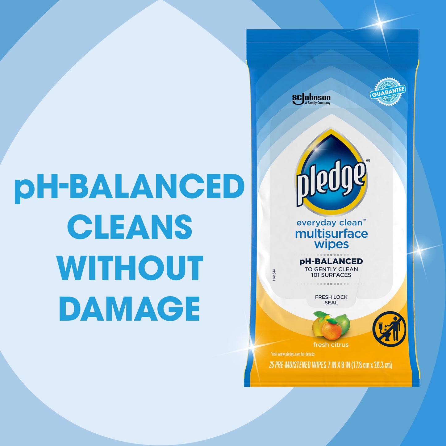 Pledge® Multisurface Wipes, Everyday Clean™ Household Cleaning Cloths, Fresh Citrus Scent, 25 PC