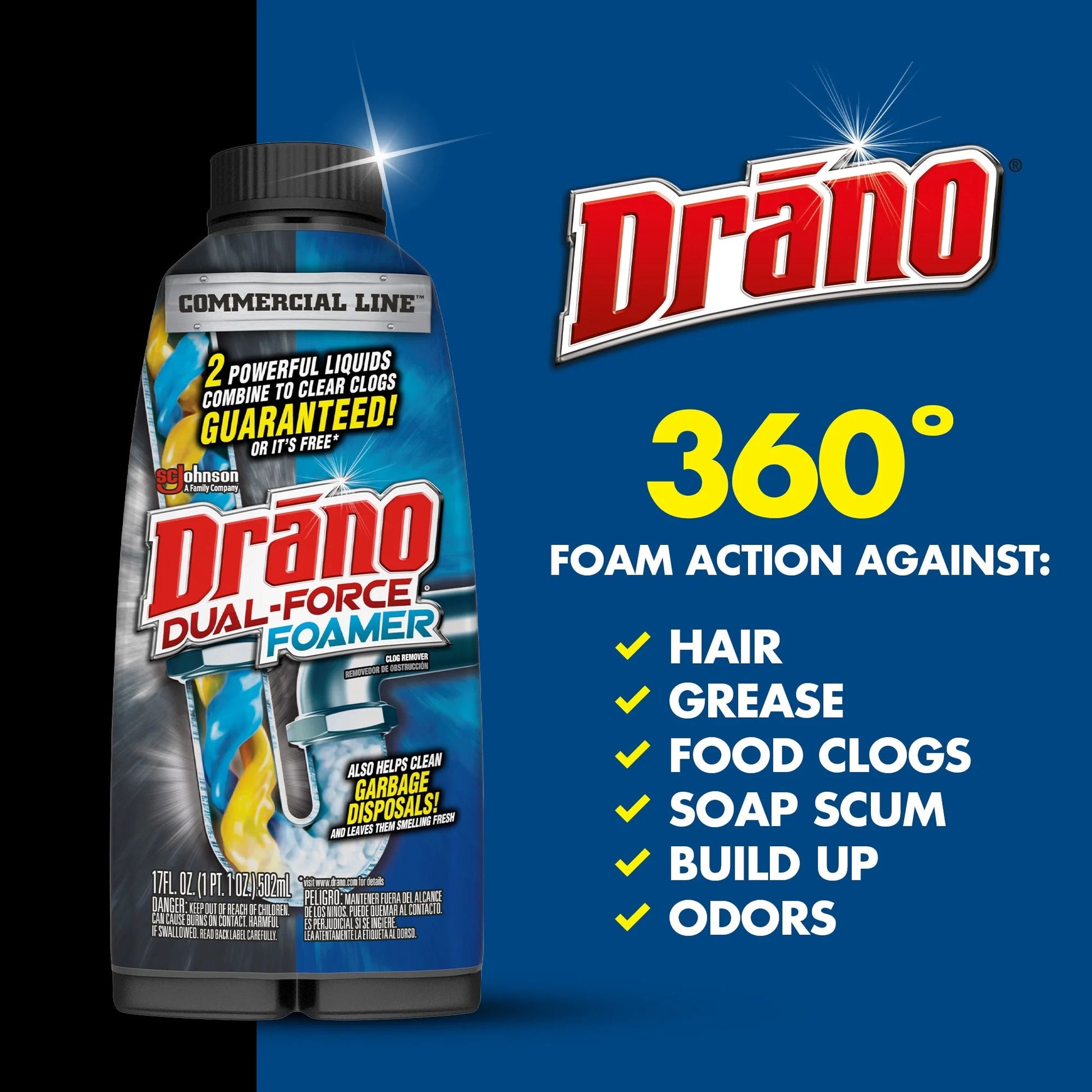 Drano Dual-Force Foamer, Hair and Drain Clog Remover, Commercial Line, 17 Fl Oz