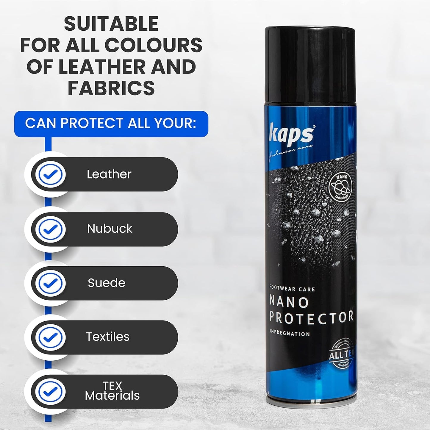 Kaps Nano Protector Waterproofing Spray for Leather, Nubuck, Suede, Textiles and TEX Materials, Moisture and Dirt Repellent