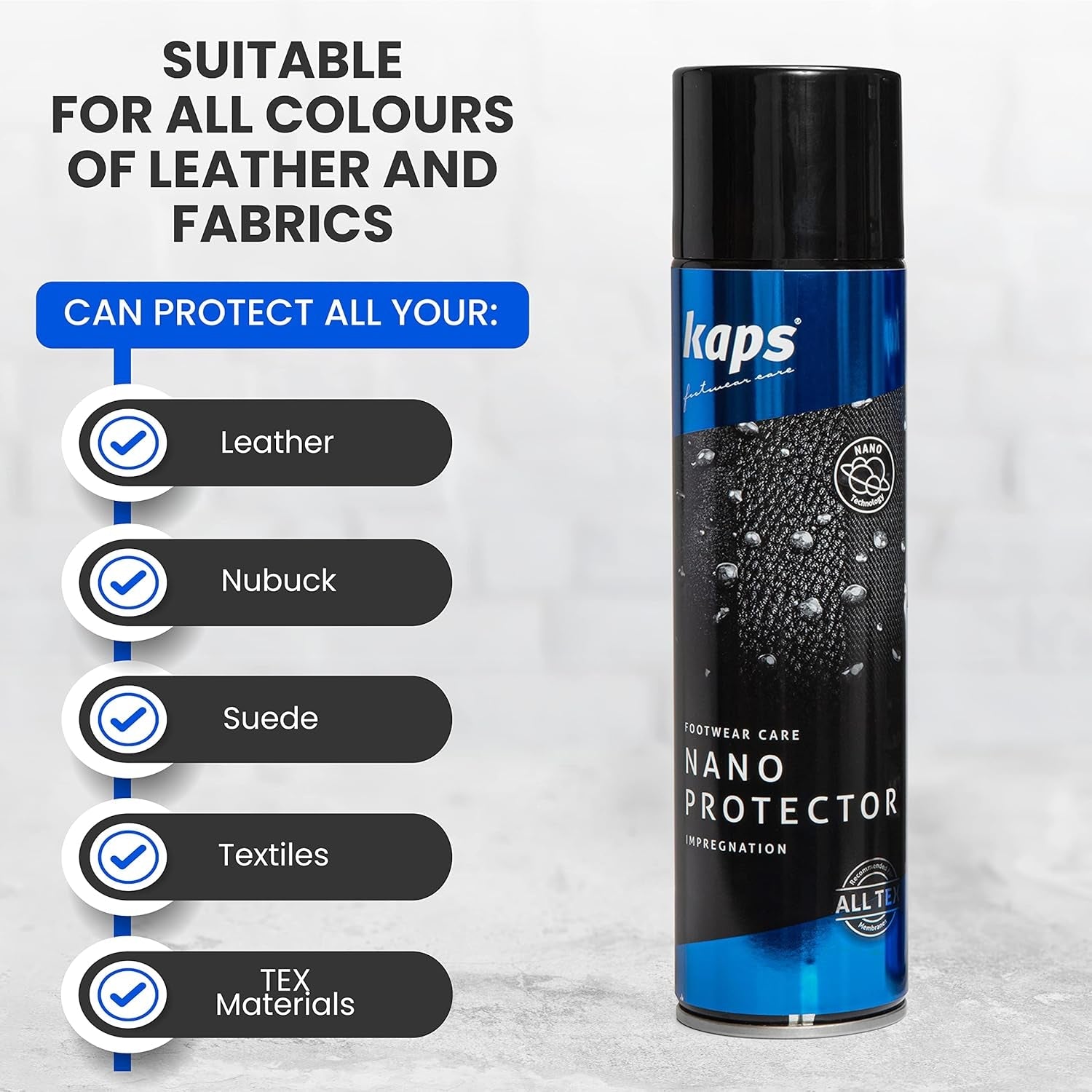 Kaps Nano Protector Waterproofing Spray for Leather, Nubuck, Suede, Textiles and TEX Materials, Moisture and Dirt Repellent