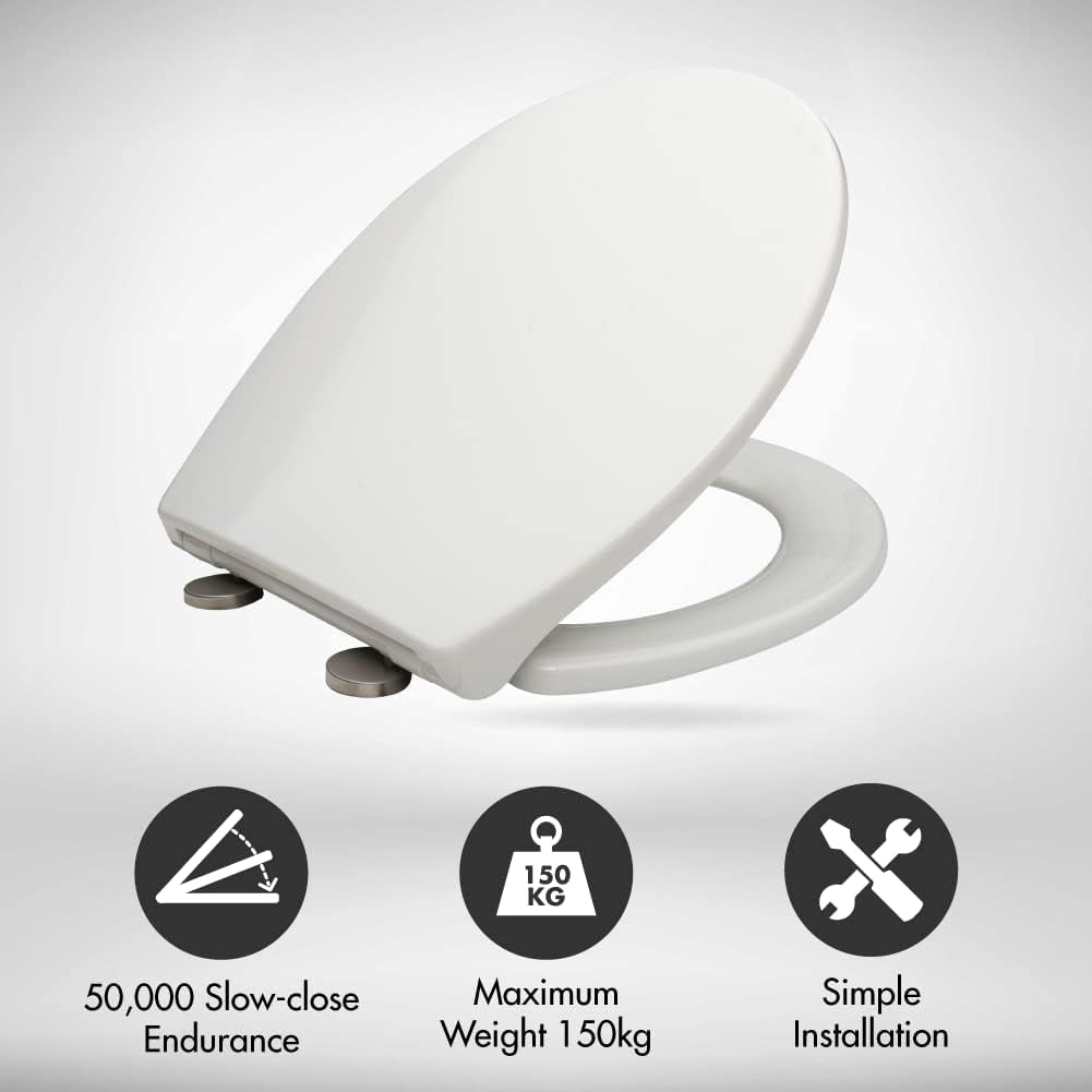 AQUALONA® Premium Thermoplastic Toilet Seat - Soft Close Hard-Wearing Seat with One Button Hinge Release, O-Shaped - Easy to Clean and Install with Universal Fittings, (White - Oval Shaped)