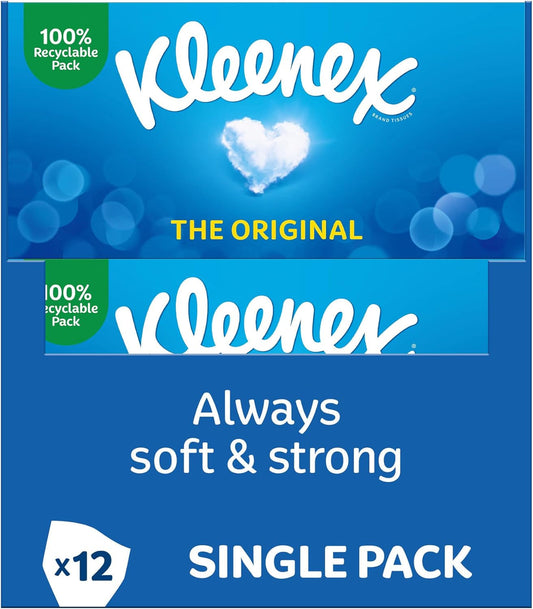 Kleenex Original Facial Tissues - Pack of 12 Tissue Boxes - Soft Tissues for Everyday Use - Gentle on Your Family'S Skin with a Touch of Cotton