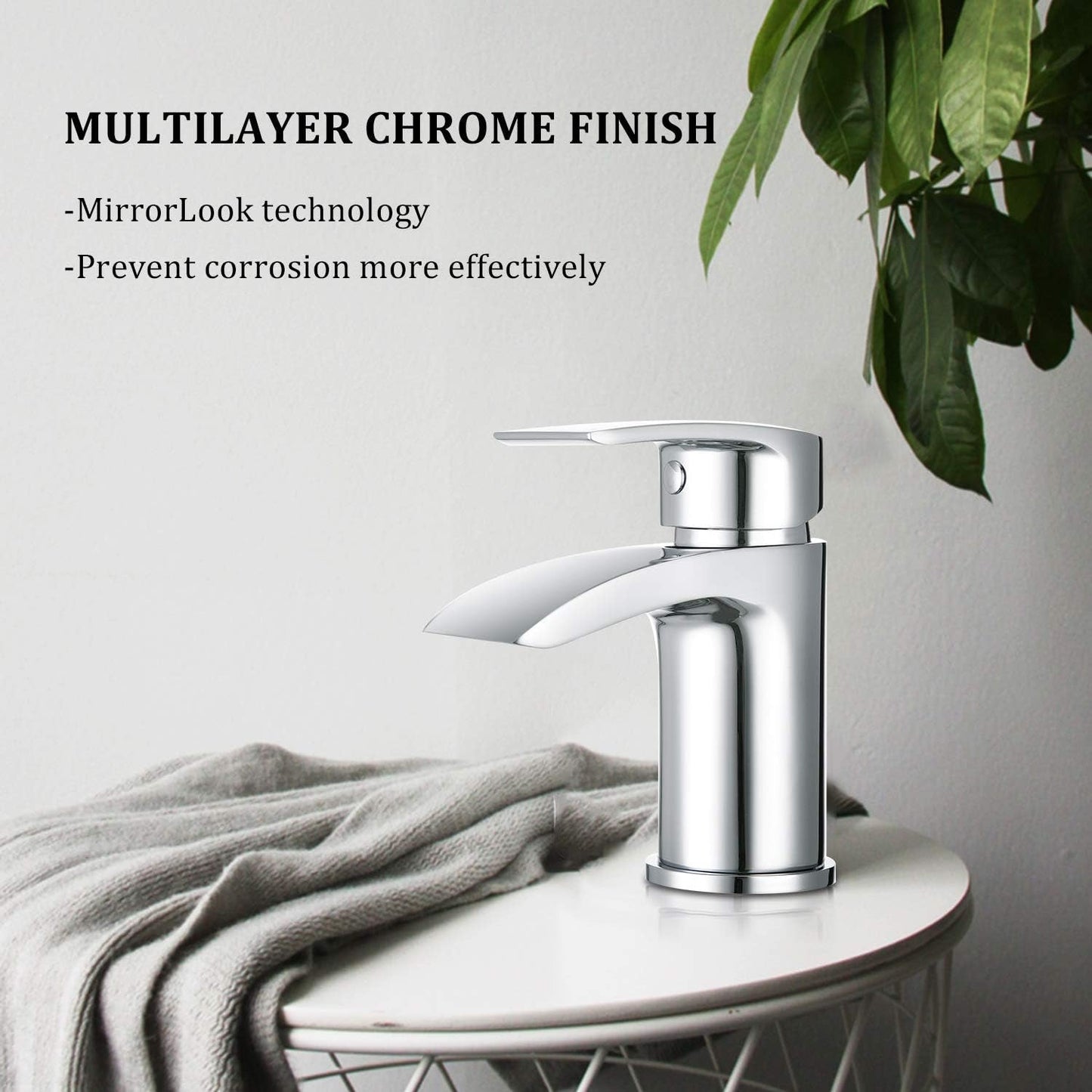 Funime Basin Taps Mixer Waterfall Bathroom Sink Tap Mixers Mono Chrome with Pop up Waste Brass Single Hole Monobloc with Hoses G1/2'' Modern Round