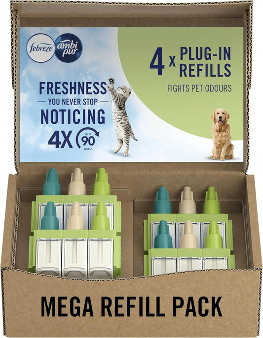 Febreze 3Volution Air Freshener Plug in Refills, 4 Refills (20Mlx4), Pet Odour Fighter, 3 Alternating Scents to Fight Odours, Febreze Plug in Refill, Air Freshener