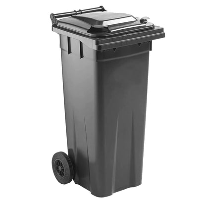 Pluto Packaging Commercial Industrial 140L Indoor Outdoor Waste Disposal Wheelie Bin with Strong Rubber Wheels & Lid