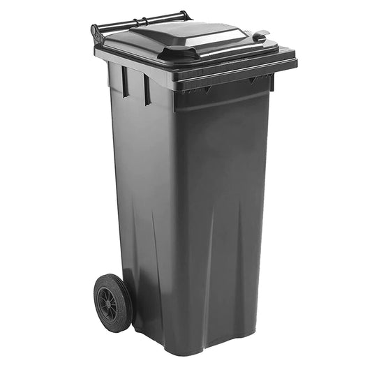 Pluto Packaging Commercial Industrial 140L Indoor Outdoor Waste Disposal Wheelie Bin with Strong Rubber Wheels & Lid